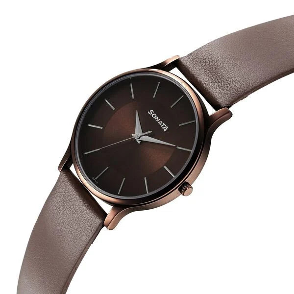 Sonata NS77105QL02W | Sonata Aspire Quartz Analog Brown Dial Leather Strap Watch for Men