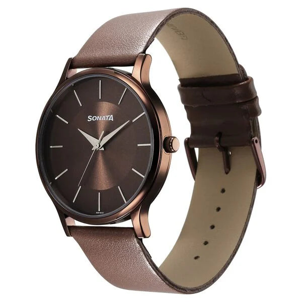 Sonata NS77105QL02W | Sonata Aspire Quartz Analog Brown Dial Leather Strap Watch for Men