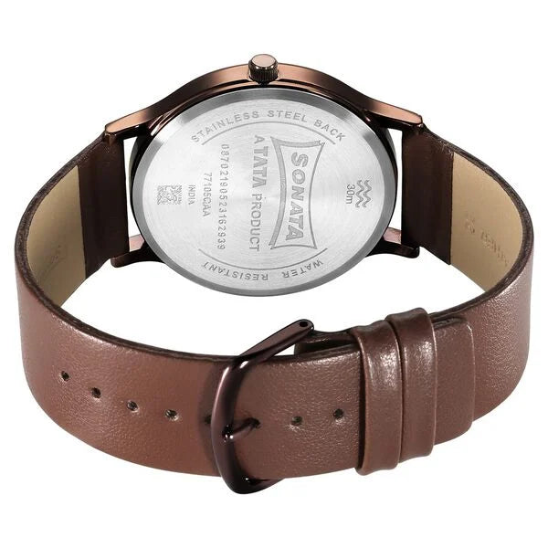 Sonata NS77105QL02W | Sonata Aspire Quartz Analog Brown Dial Leather Strap Watch for Men
