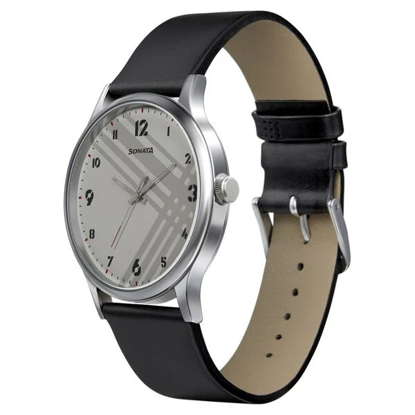 Sonata NR77105SL01W | Sonata Smart Plaid Quartz Analog White Dial Leather Strap Watch for Men