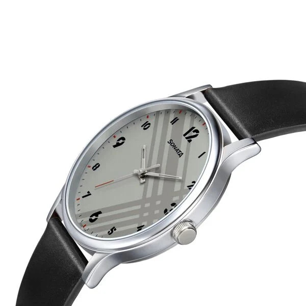 Sonata NR77105SL01W | Sonata Smart Plaid Quartz Analog White Dial Leather Strap Watch for Men