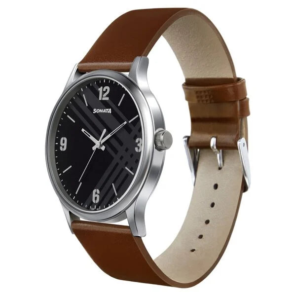 Sonata NR77105SL02W | Sonata Smart Plaid Quartz Analog Black Dial Leather Strap Watch for Men
