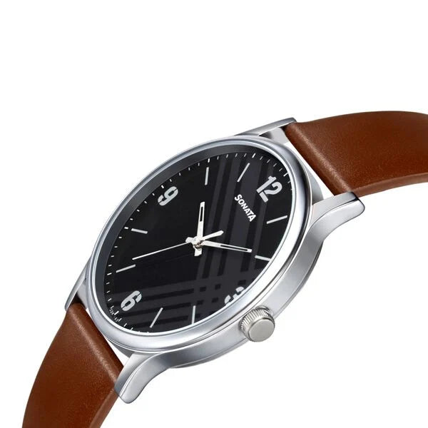 Sonata NR77105SL02W | Sonata Smart Plaid Quartz Analog Black Dial Leather Strap Watch for Men