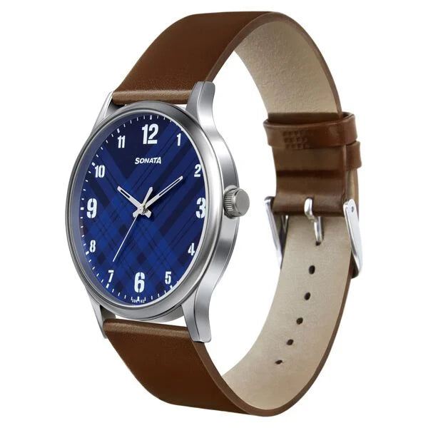 Sonata NR77105SL03W | Sonata Smart Plaid Quartz Analog Blue Dial Leather Strap Watch for Men