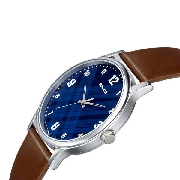 Sonata NR77105SL03W | Sonata Smart Plaid Quartz Analog Blue Dial Leather Strap Watch for Men