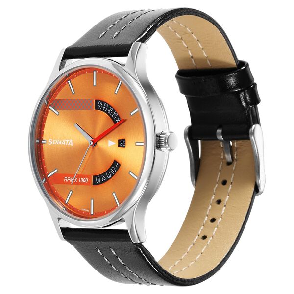 Sonata 77105SL09 | Sonata RPM Yellow Dial Leather Strap Watch for Men
