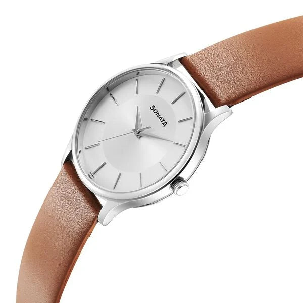 Sonata 77105SL16 | Sonata Aspire Quartz Analog Silver Dial Leather Strap Watch for Men