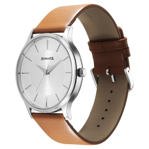Sonata 77105SL16 | Sonata Aspire Quartz Analog Silver Dial Leather Strap Watch for Men