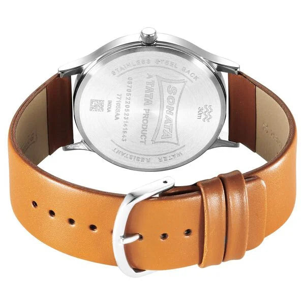 Sonata 77105SL16 | Sonata Aspire Quartz Analog Silver Dial Leather Strap Watch for Men
