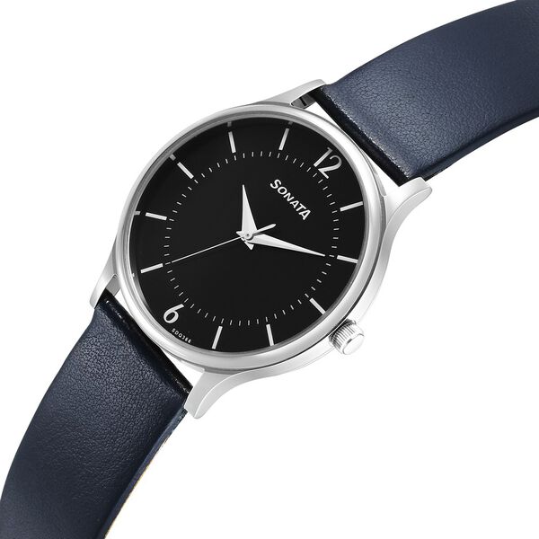 Sonata 77105SL18 | Sonata Aspire Quartz Analog Black Dial Leather Strap Watch for Men