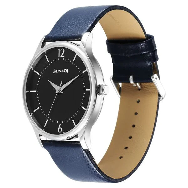 Sonata 77105SL18 | Sonata Aspire Quartz Analog Black Dial Leather Strap Watch for Men