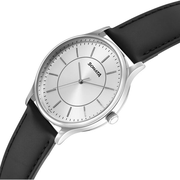 Sonata 77105SL21 | Sonata Aspire Quartz Analog Silver Dial Leather Strap Watch For Men