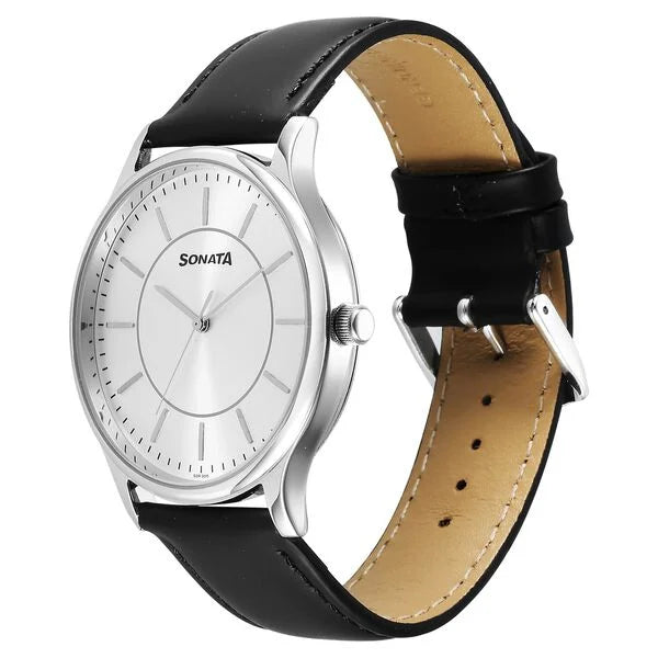 Sonata 77105SL21 | Sonata Aspire Quartz Analog Silver Dial Leather Strap Watch For Men