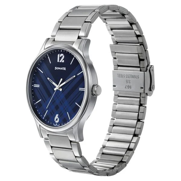 Sonata 77105SM01 | Sonata Smart Plaid Quartz Analog Blue Dial Stainless Steel Strap Watch for Men