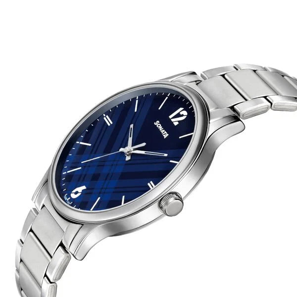 Sonata 77105SM01 | Sonata Smart Plaid Quartz Analog Blue Dial Stainless Steel Strap Watch for Men
