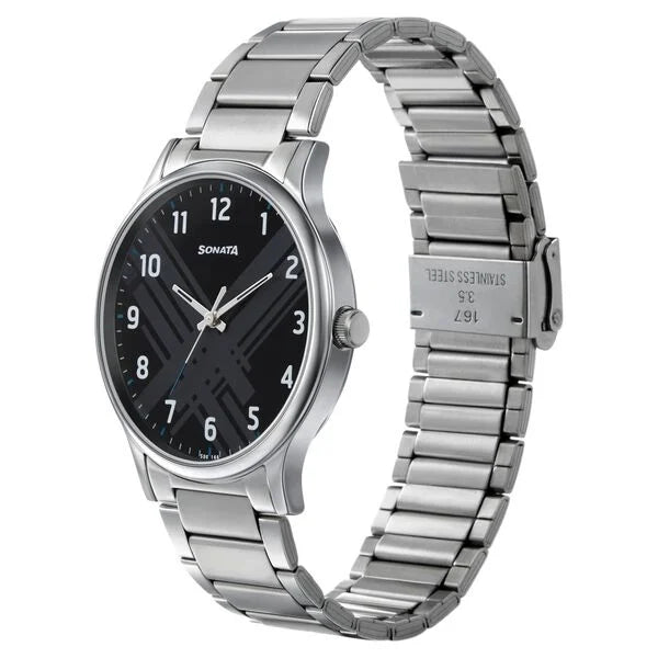 Sonata 77105SM02W | Sonata Smart Plaid Quartz Analog Black Dial Stainless Steel Strap Watch for Men