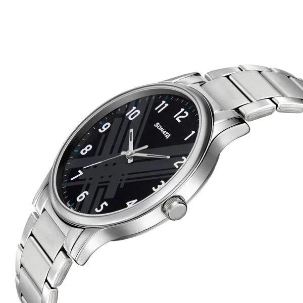 Sonata 77105SM02W | Sonata Smart Plaid Quartz Analog Black Dial Stainless Steel Strap Watch for Men
