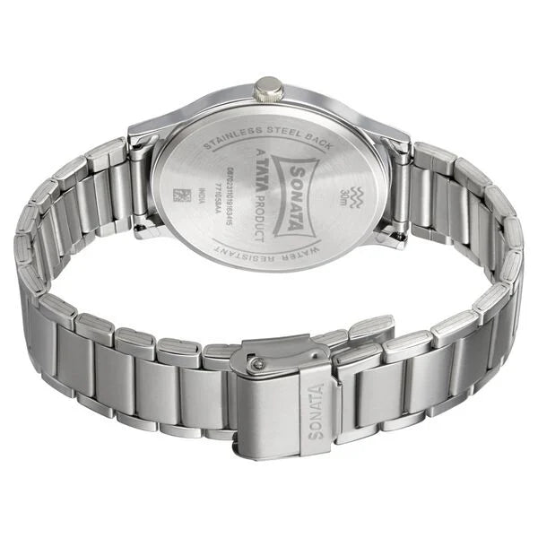 Sonata 77105SM02W | Sonata Smart Plaid Quartz Analog Black Dial Stainless Steel Strap Watch for Men
