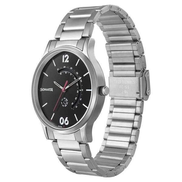 Sonata 77105SM03 | Sonata RPM Quartz Analog with Day and Date Black Dial Stainless Steel Strap Watch for Men