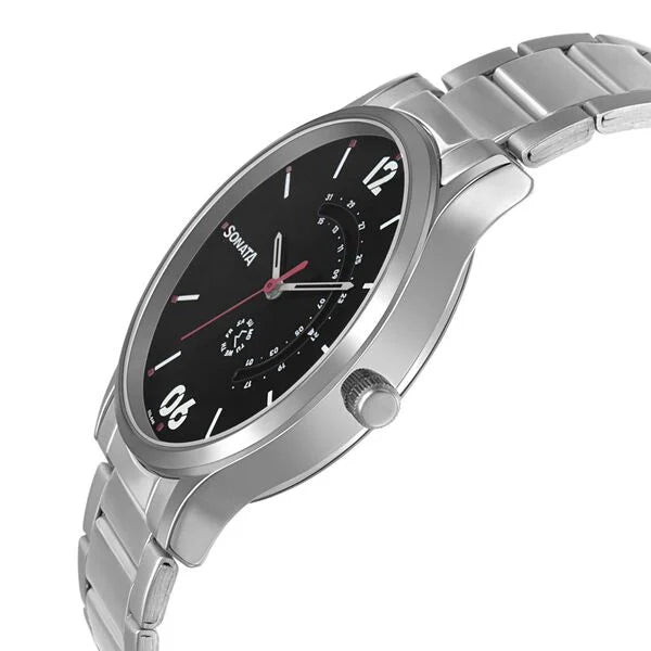 Sonata 77105SM03 | Sonata RPM Quartz Analog with Day and Date Black Dial Stainless Steel Strap Watch for Men
