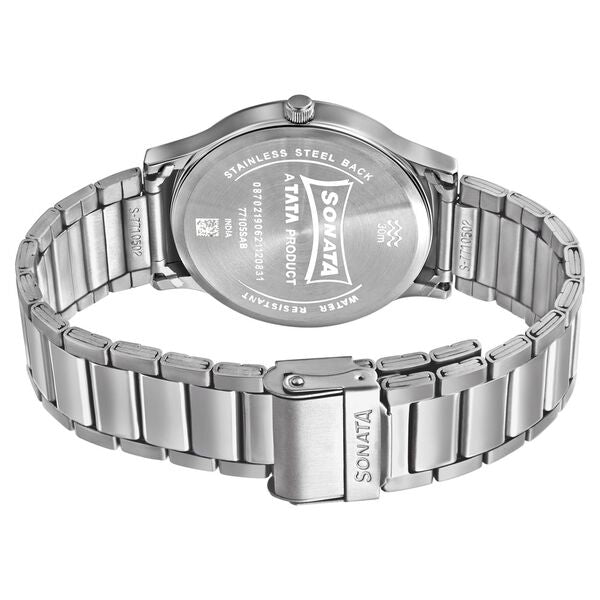 Sonata 77105SM03 | Sonata RPM Quartz Analog with Day and Date Black Dial Stainless Steel Strap Watch for Men