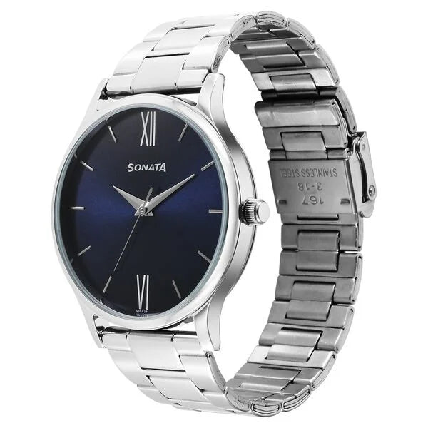 Sonata 77105SM08 | Sonata Aspire Quartz Analog Blue Dial Stainless Steel Strap Watch for Men