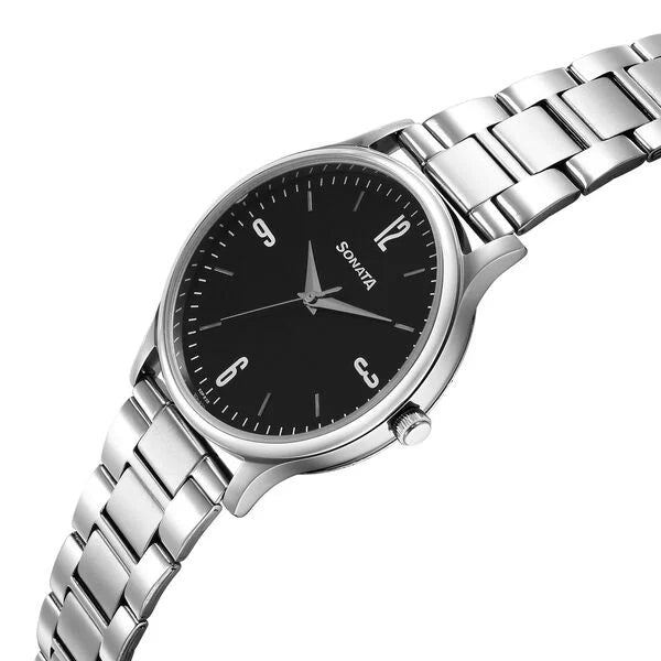 Sonata 77105SM09 | Sonata Aspire Quartz Analog Black Dial Stainless Steel Strap Watch for Men