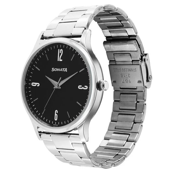 Sonata NS77105SM9W | Sonata Aspire Quartz Analog Black Dial Stainless Steel Strap Watch for Men