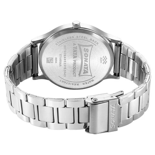 Sonata NS77105SM9W | Sonata Aspire Quartz Analog Black Dial Stainless Steel Strap Watch for Men