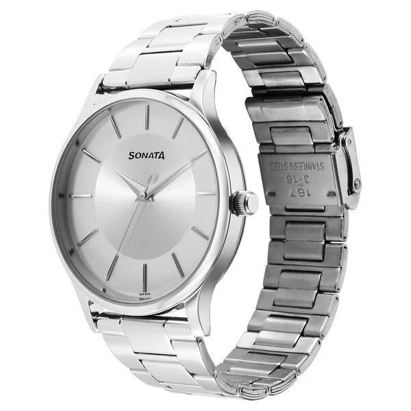 Sonata NS77105SM10W | Sonata Aspire Quartz Analog Silver Dial Stainless Steel Strap Watch for Men