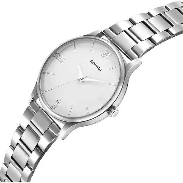Sonata 77105SM12 | Sonata Aspire Quartz Analog White Dial Stainless Steel Strap Watch for Men
