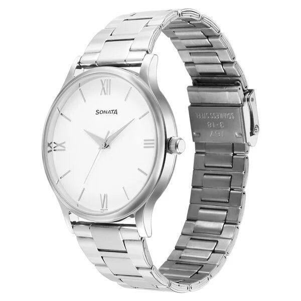 Sonata 77105SM12 | Sonata Aspire Quartz Analog White Dial Stainless Steel Strap Watch for Men