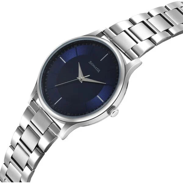 Sonata 77105SM15 | Sonata Aspire Quartz Analog Blue Dial Stainless Steel Strap Watch for Men