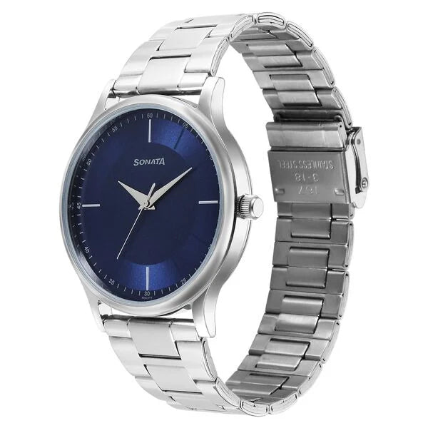 Sonata 77105SM15 | Sonata Aspire Quartz Analog Blue Dial Stainless Steel Strap Watch for Men