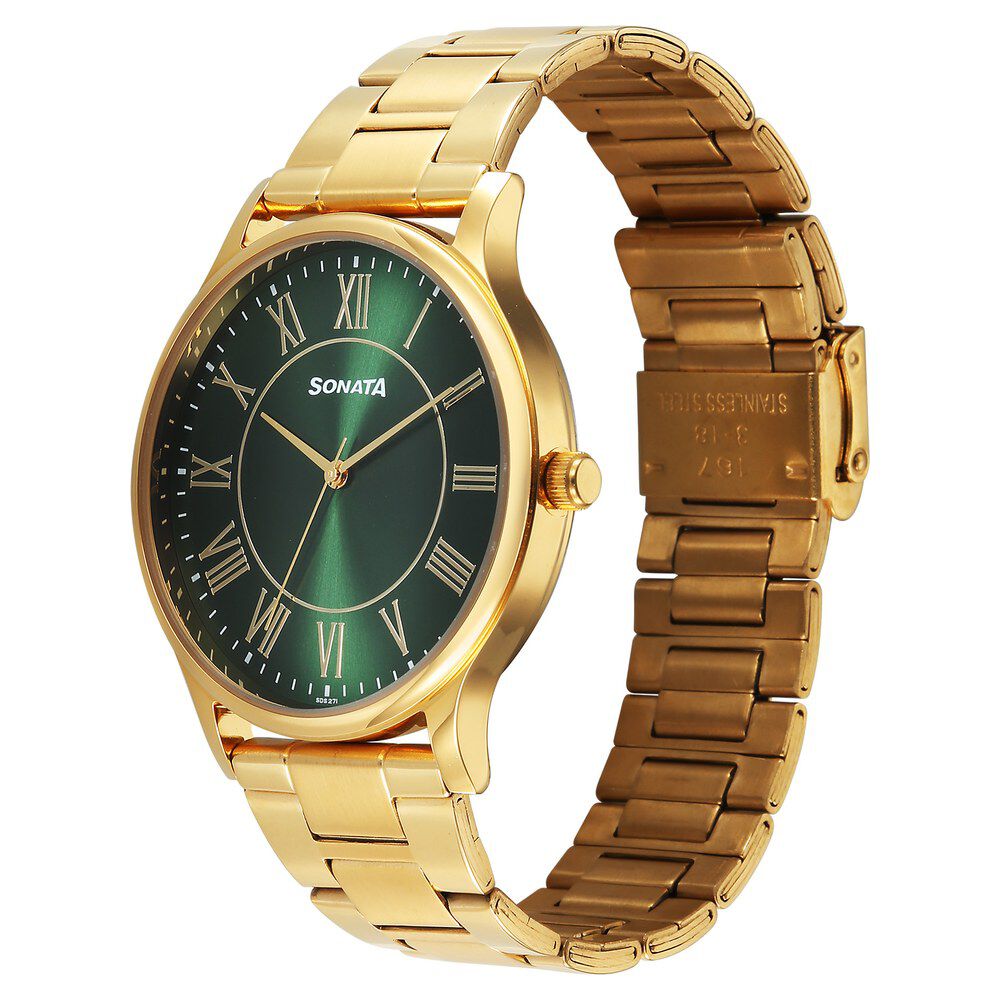 Sonata Traditional Essentials Quartz Analog Green Dial Golden Metal Strap Watch For Men