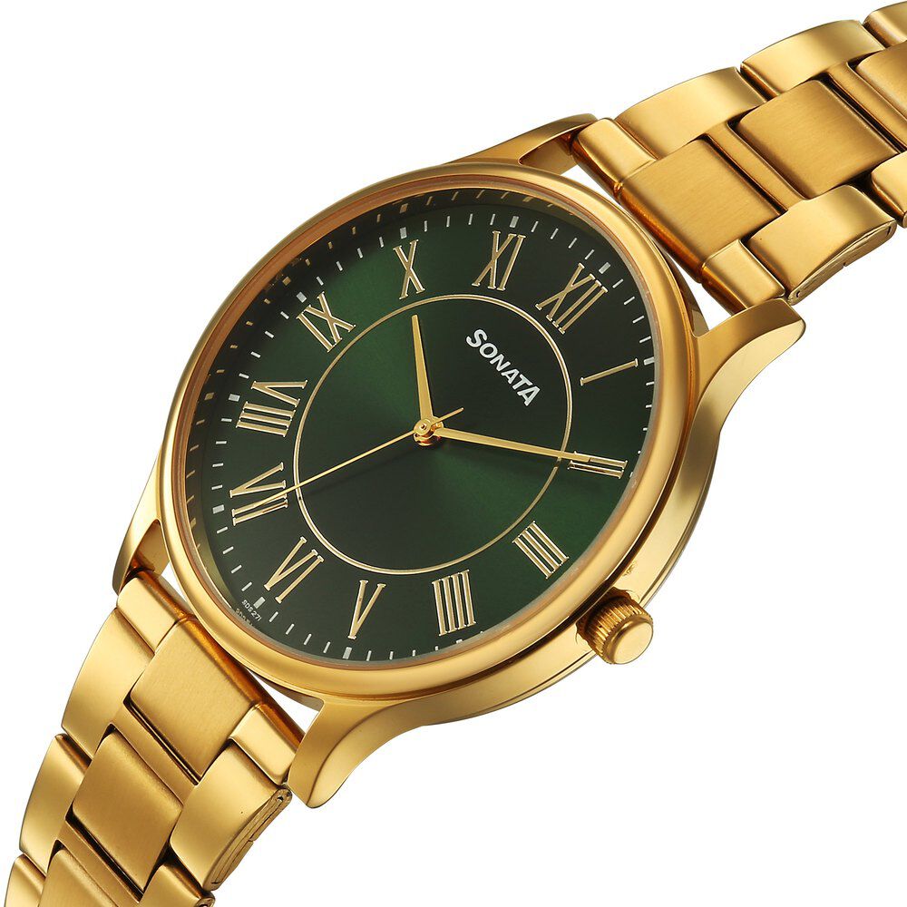Sonata Traditional Essentials Quartz Analog Green Dial Golden Metal Strap Watch For Men