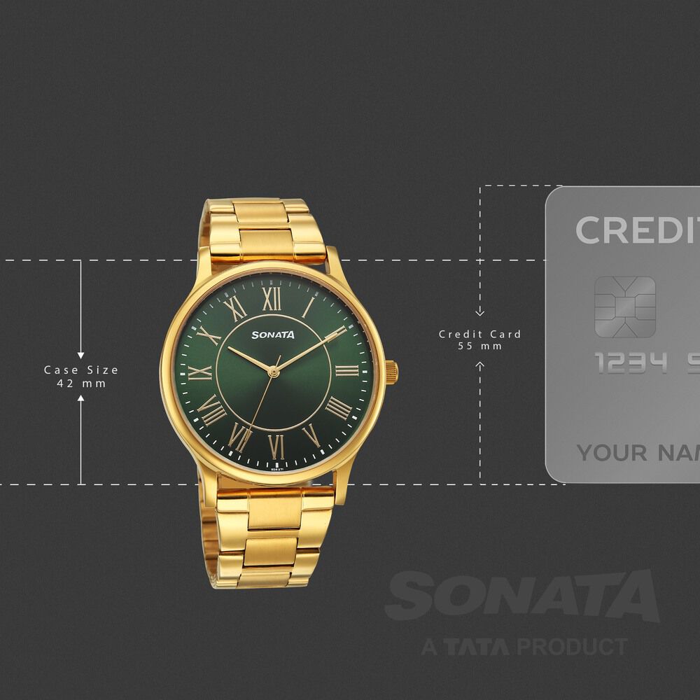 Sonata Traditional Essentials Quartz Analog Green Dial Golden Metal Strap Watch For Men