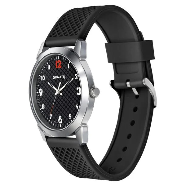 Sonata NP77107SP02W | Sonata Smart Plaid Quartz Analog Black Dial PU Strap Watch for Men