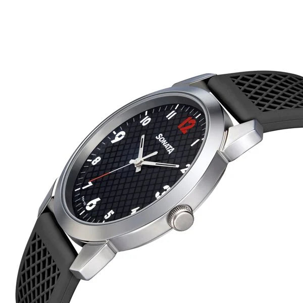 Sonata NP77107SP02W | Sonata Smart Plaid Quartz Analog Black Dial PU Strap Watch for Men
