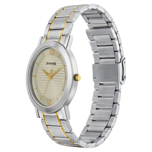 Sonata NS77108BM01W | Sonata Quartz Analog Champagne Dial Stainless Steel Strap Watch for Men