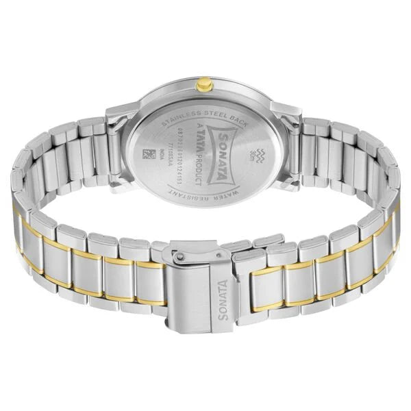 Sonata NS77108BM01W | Sonata Quartz Analog Champagne Dial Stainless Steel Strap Watch for Men