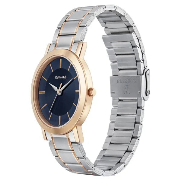 Sonata NR77108KM02W | Sonata Quartz Analog Blue Dial Stainless Steel Strap Watch for Men