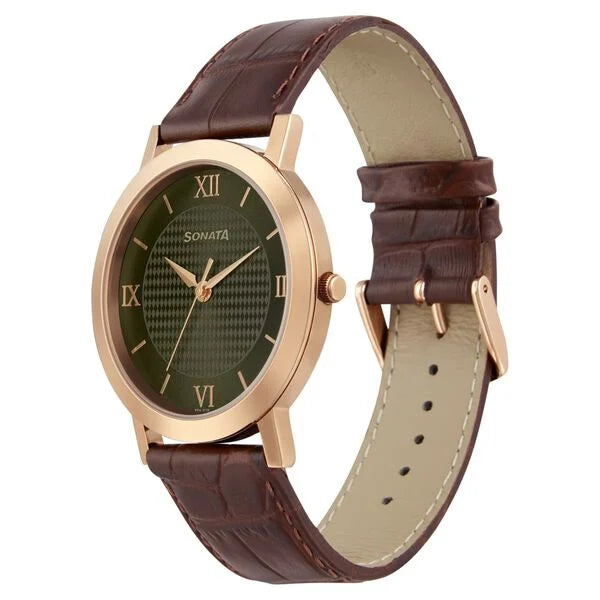 Sonata NR77108WL01W | Sonata Quartz Analog Green Dial Leather Strap Watch for Men