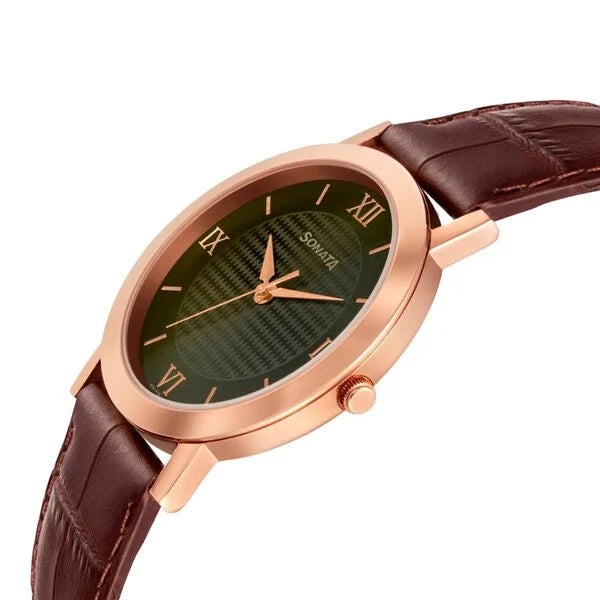 Sonata NR77108WL01W | Sonata Quartz Analog Green Dial Leather Strap Watch for Men