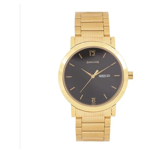 Sonata NR77108YM04 | Sonata Quartz Analog with Day and Date Black Dial Stainless Steel Strap Watch for Men