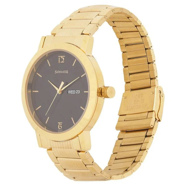 Sonata NR77108YM04 | Sonata Quartz Analog with Day and Date Black Dial Stainless Steel Strap Watch for Men
