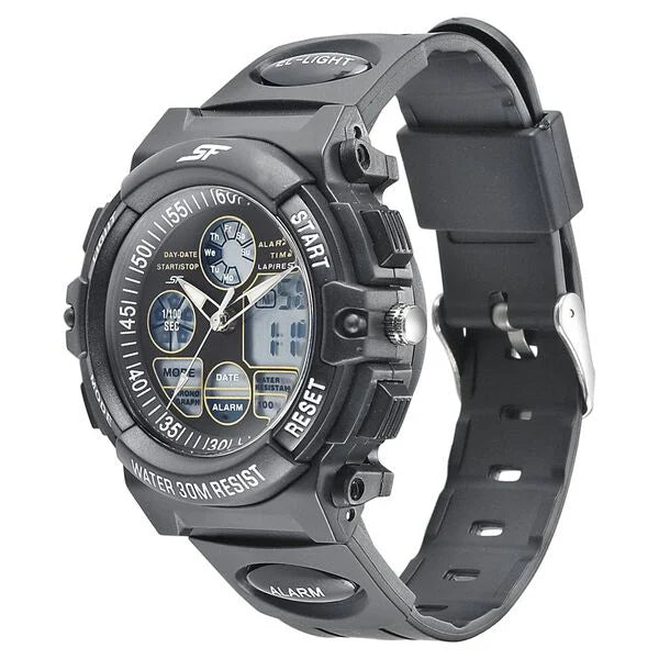 Sonata NS77116PP05 | SF Hustler Quartz Digital Analog Digital Black Dial Black PU Strap Watch For Men