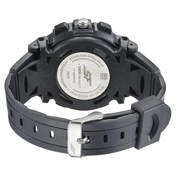 Sonata NS77116PP05 | SF Hustler Quartz Digital Analog Digital Black Dial Black PU Strap Watch For Men
