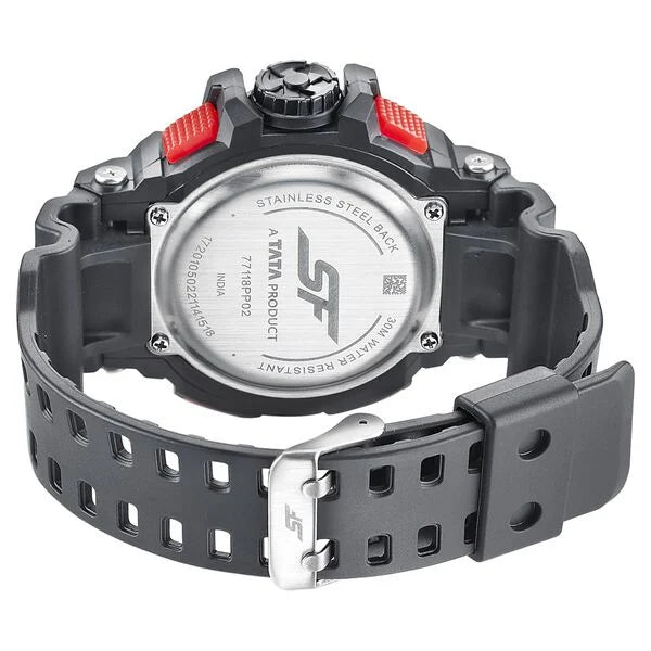 Sonata NS77118PP02W | SF Quartz Analog Digital Black Dial PU Strap Watch for Men