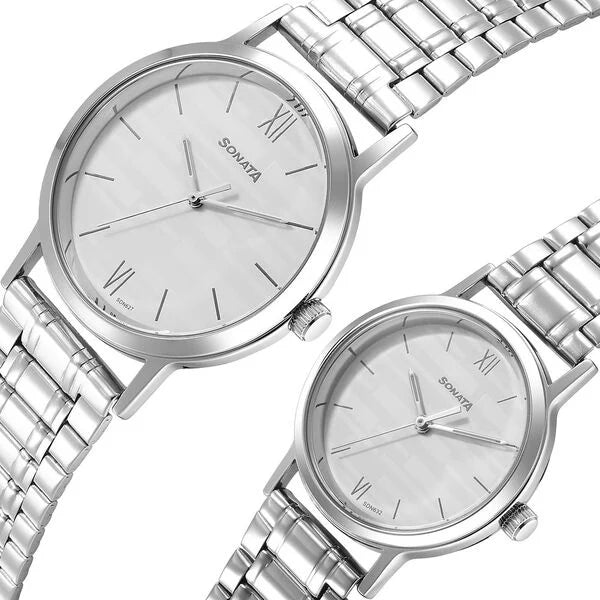 Sonata Pair NS7712787046SM01P | Sonata Pairs Quartz Analog White Dial Stainless Steel Strap Watch for Couple